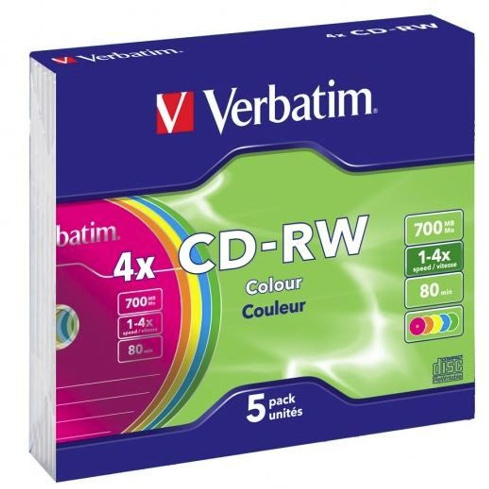43133 - Verbatim CD-RW 700MB 2-4x Multi Colour 5 Pack with Slim Cases