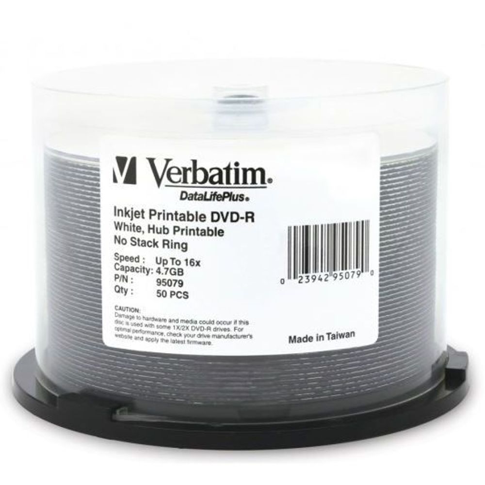 95079 - Verbatim DVD-R 4.7GB 16x White Wide Inkjet Printable 50pk on Spindle