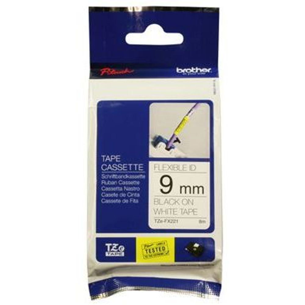 TZEFX221 - Brother TZe-FX221 9mm x 8m Black on White Flexi ID Tape