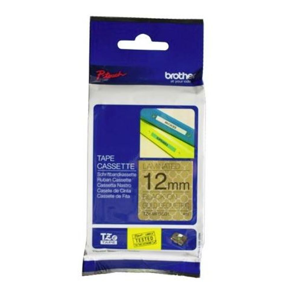 TZEMPGG31 - Brother TZe-MPGG31 12mm x 4m Black on Gold Geometric Tape