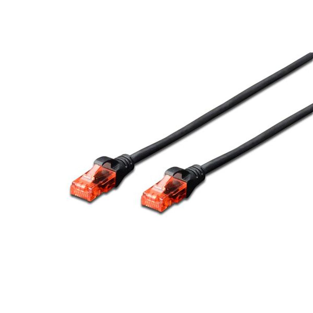 Black CAT6 patch lead with two RJ45 ends, orange connector caps