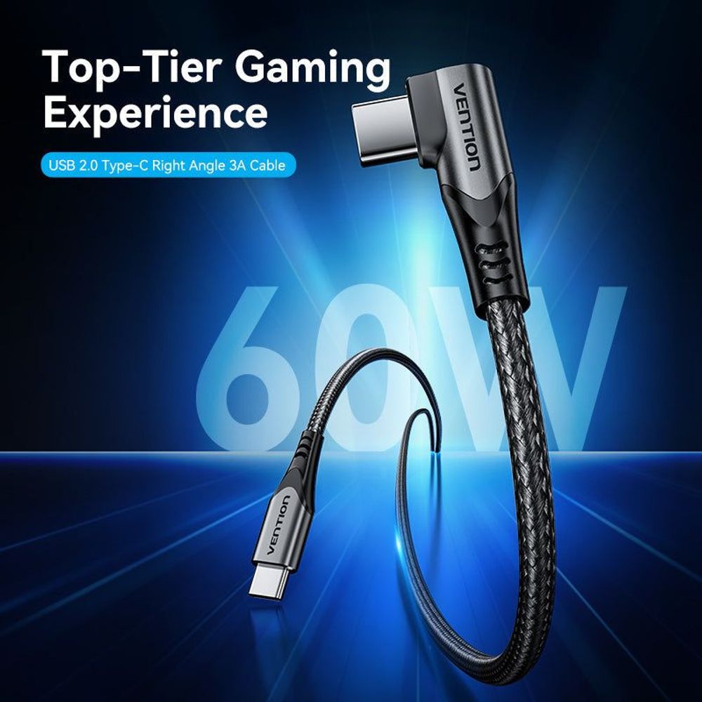 Black braided USB-C right-angle cable with gray aluminum connector ends