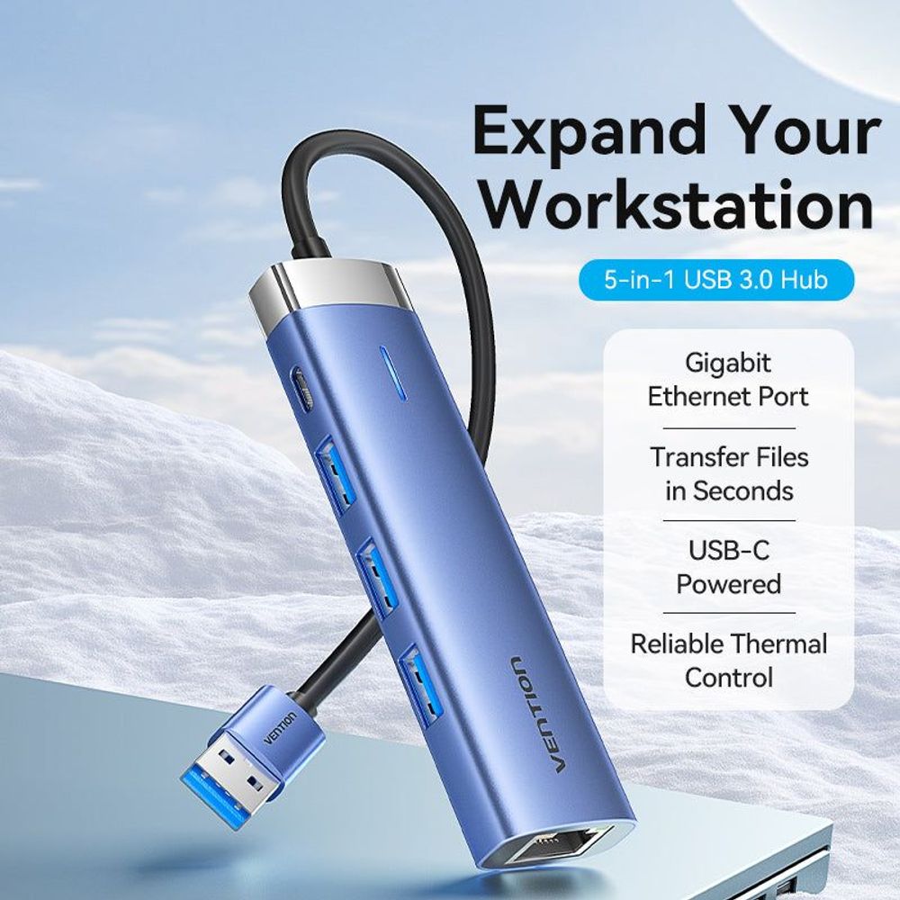 Blue aluminum multiport USB hub with Ethernet port and USB-A cable