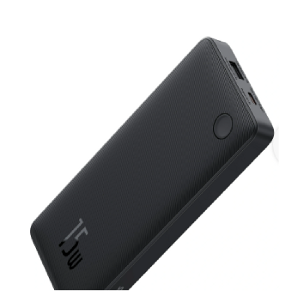 Black power bank with textured surface and power button, angled side view.