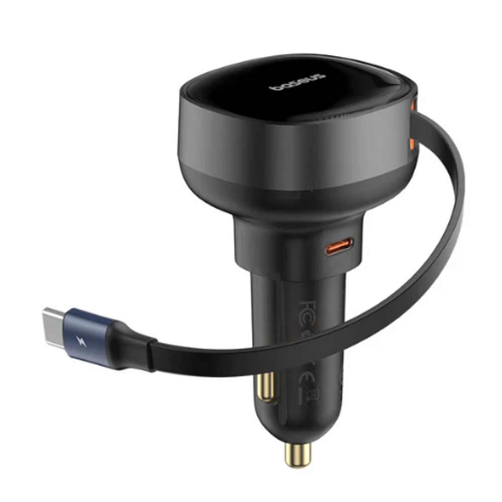 Black car charger with retractable cable loop and Type-C port, gold pins
