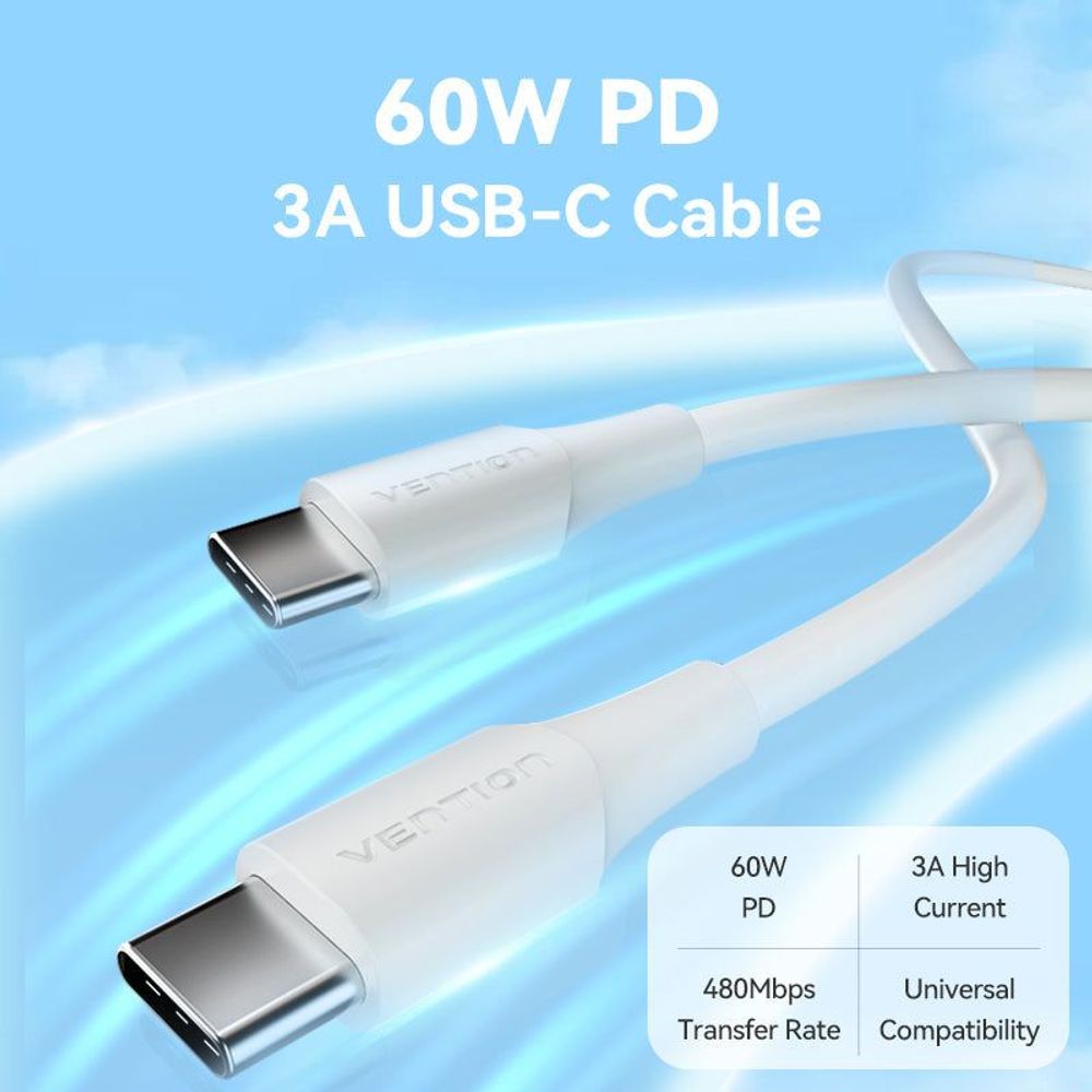 White Vention USB-C male-to-male cable with two USB-C plugs
