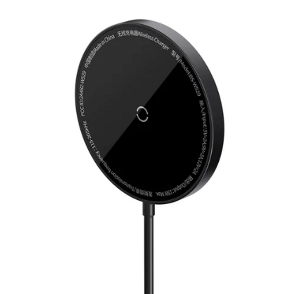 Black wireless charger pad top view with certification text and status icon