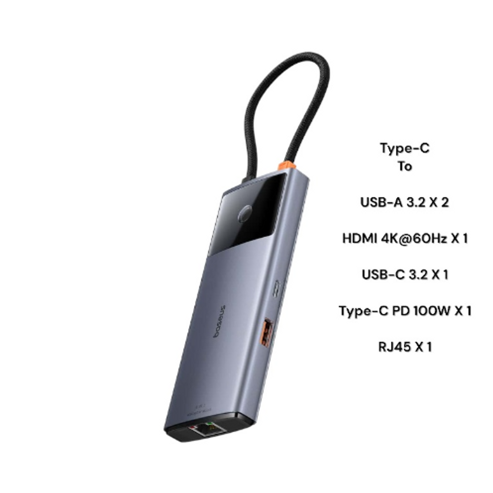 BAS43294 - Baseus Metal Gleam Series II 6-in-1 USB HUB Space Grey（USB-C to 1*HDMI4K@60Hz+1*USB-C（10Gbps)+2*USB-A(10Gbps)+1*RJ45+1*USB-C（PD) ）