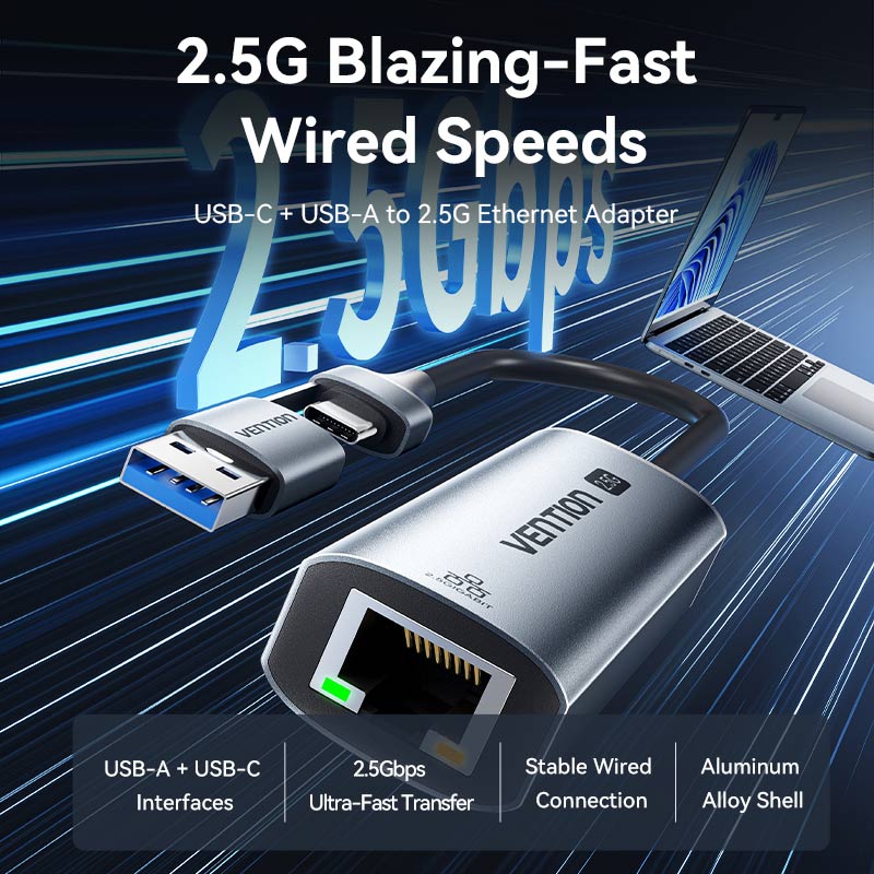 Vention USB-C + USB-A to 2.5 Gigabit Ethernet Adapter 0.15M Gray Aluminum Alloy Type