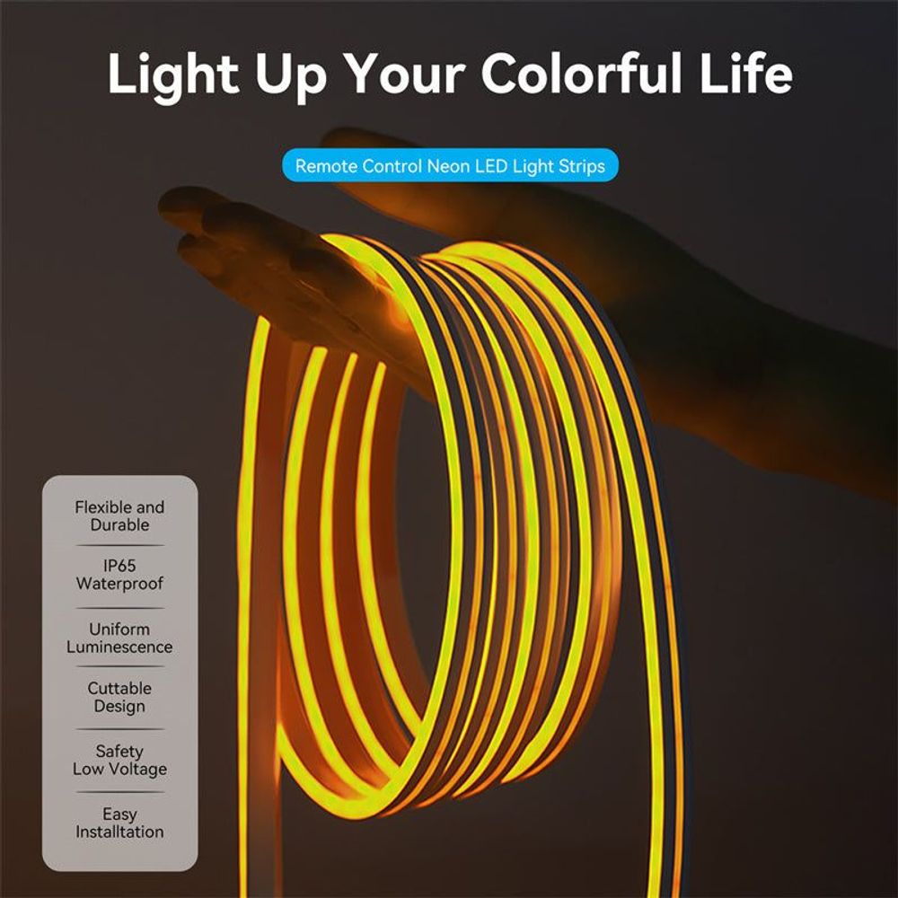 Silicone neon LED strip lights, glowing in bright orange and yellow coil shape.