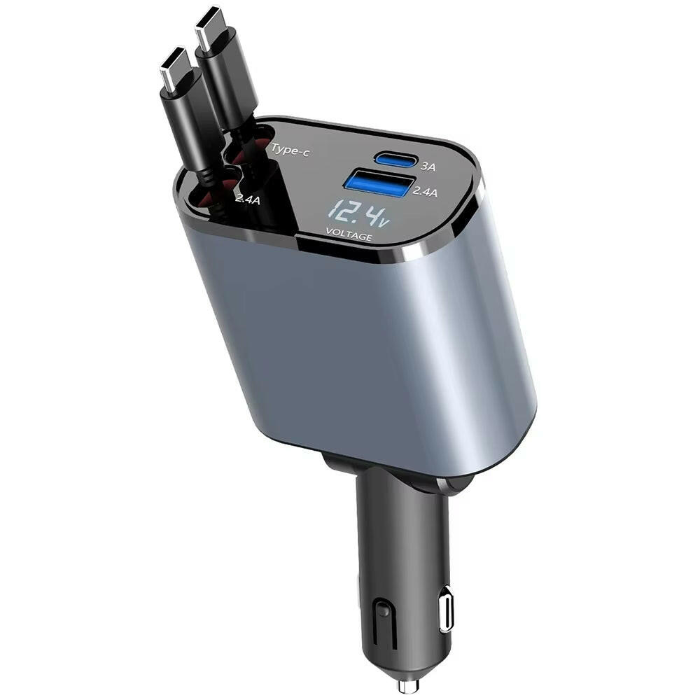 120W 4-in-1 Retractable Car Charger with USB Type-C Fast Charging for iPhone, Xiaomi, Huawei, and Samsung Dual Type C