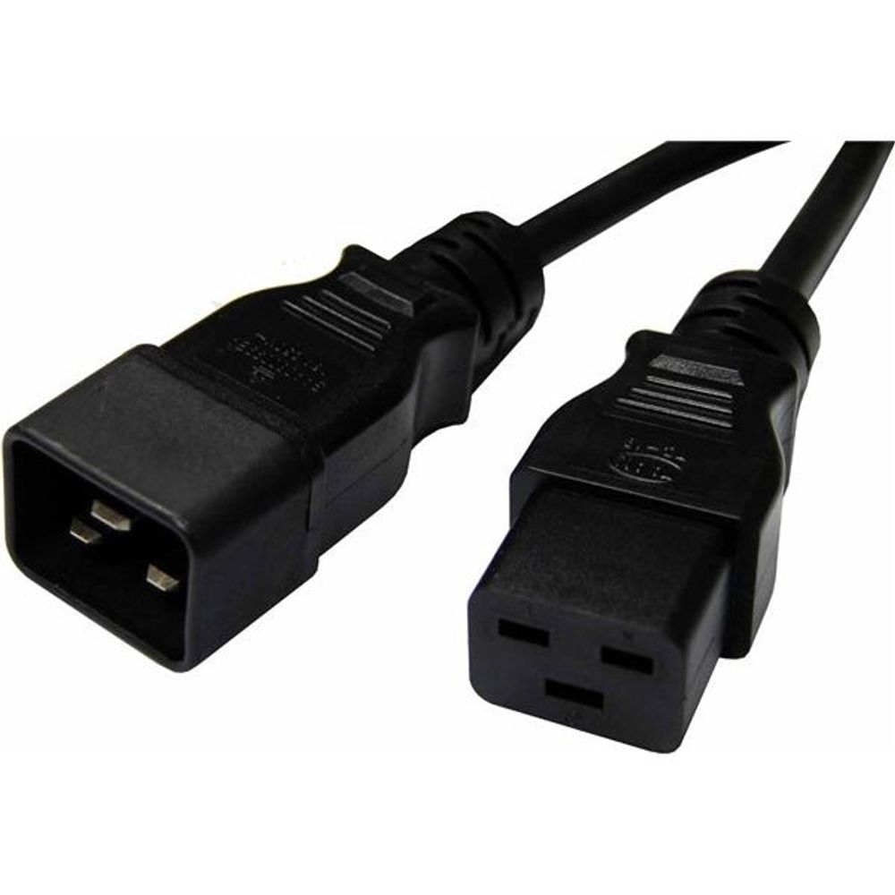 Black IEC C20 to C19 power extension cord with male and female connectors