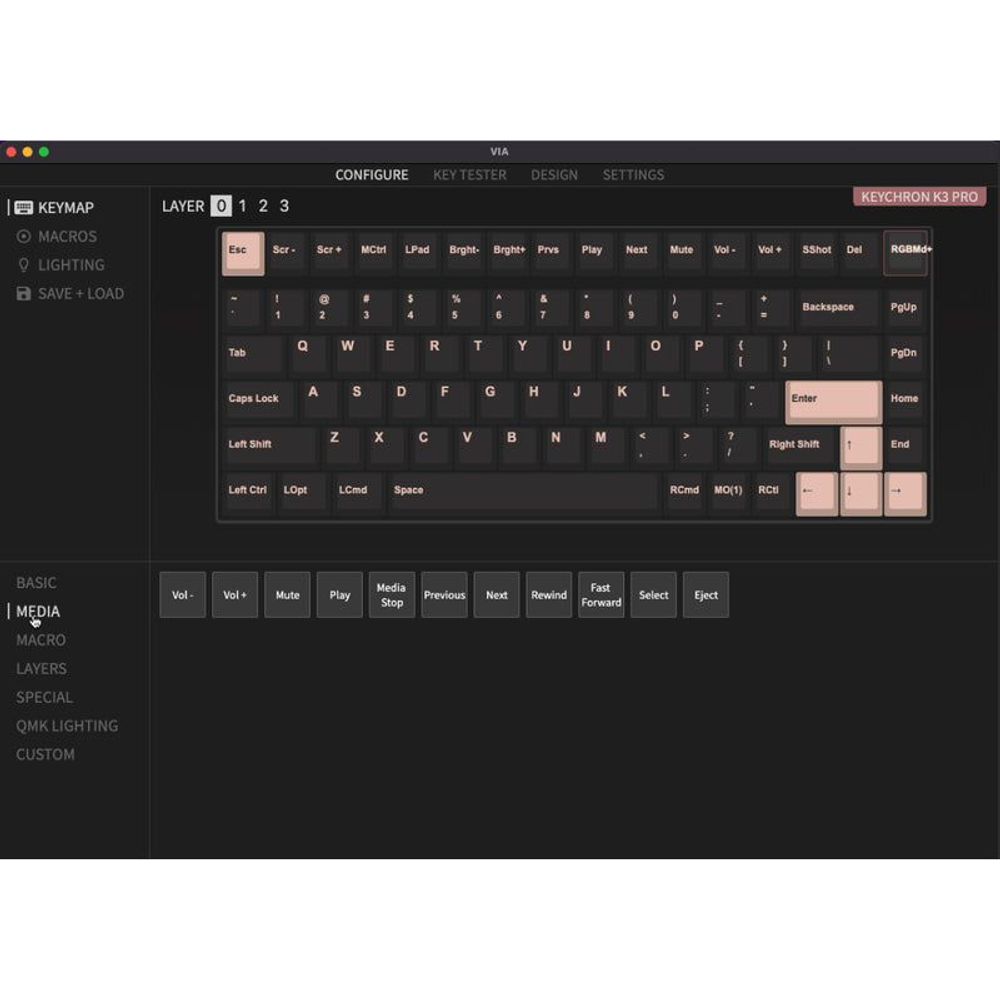 Keyboard configuration software screen showing VIA key mapping and layer controls