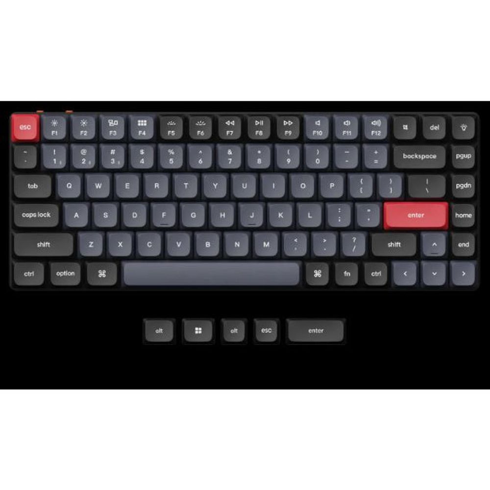Wireless mechanical keyboard, black keycaps with red accent keys and RGB lighting