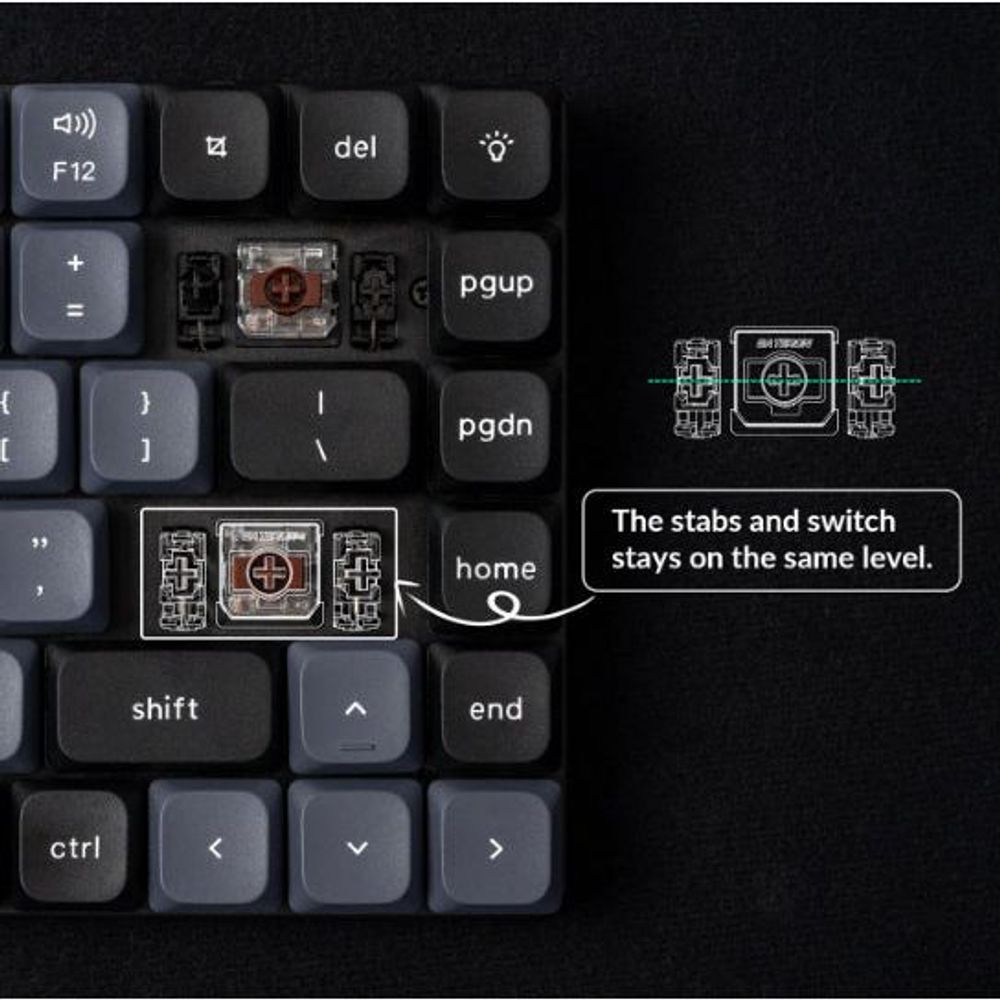 Keyboard switch area close-up with stabilizer diagram on black keycaps