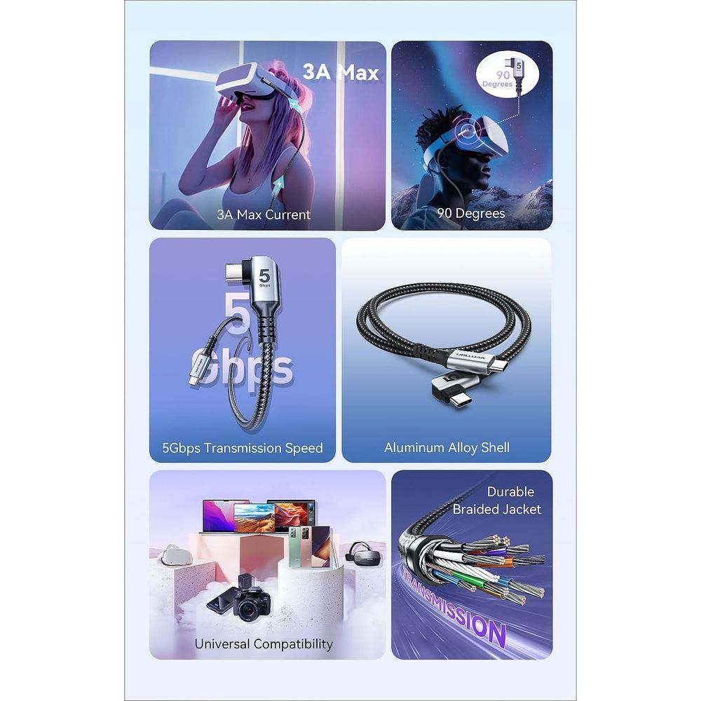 Vention USB 3.0 C Male to C Male Right Angle VR Cable 3M Gray Aluminum Alloy Type