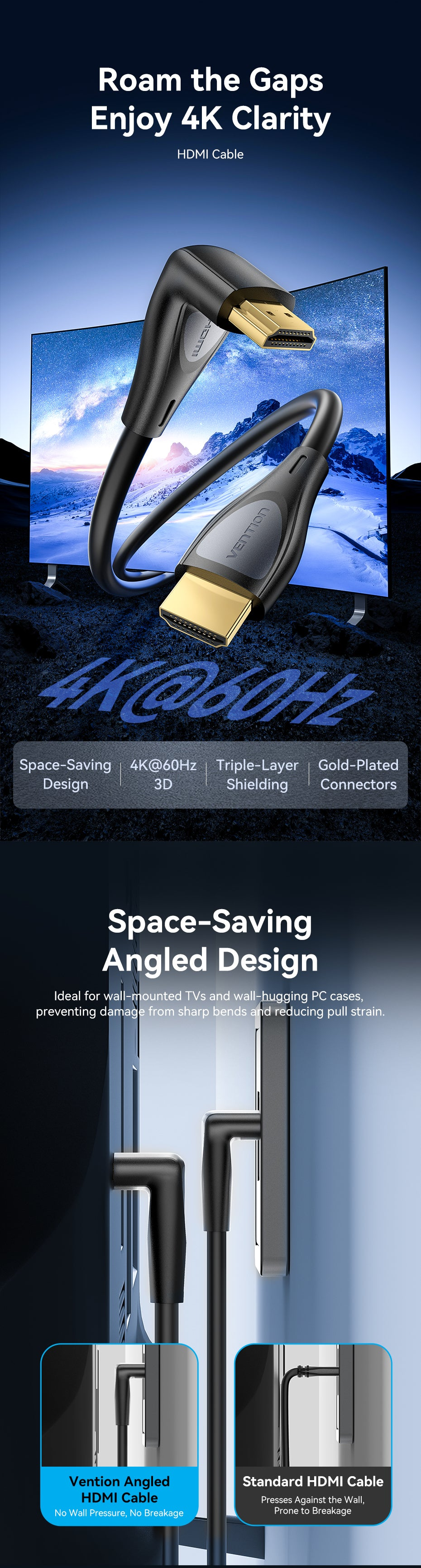 Vention HDMI-A Male to Male 4K HD Right Angle Cable 270 Degree 2M Black