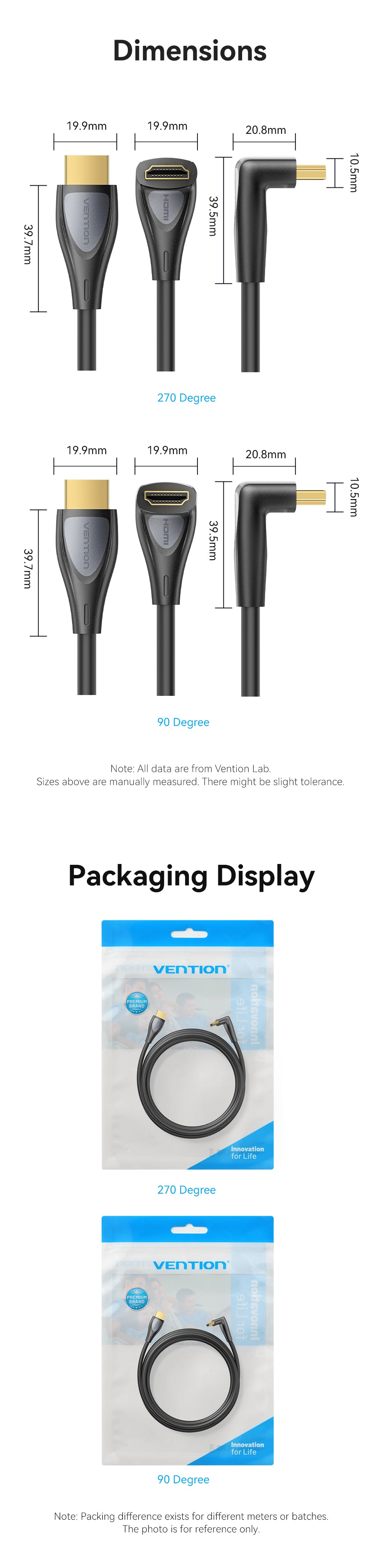 Vention HDMI-A Male to Male 4K HD Right Angle Cable 90 Degree 2M Black