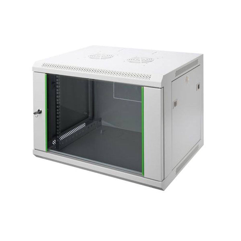 Wall-mount server cabinet in white with vented top, open front, black interior, green rails