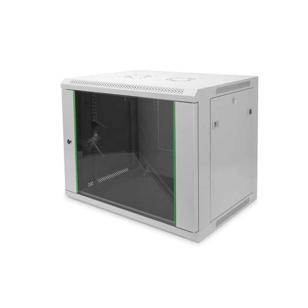Wall-mount server rack cabinet with dark glass front door, white frame, green inner trim