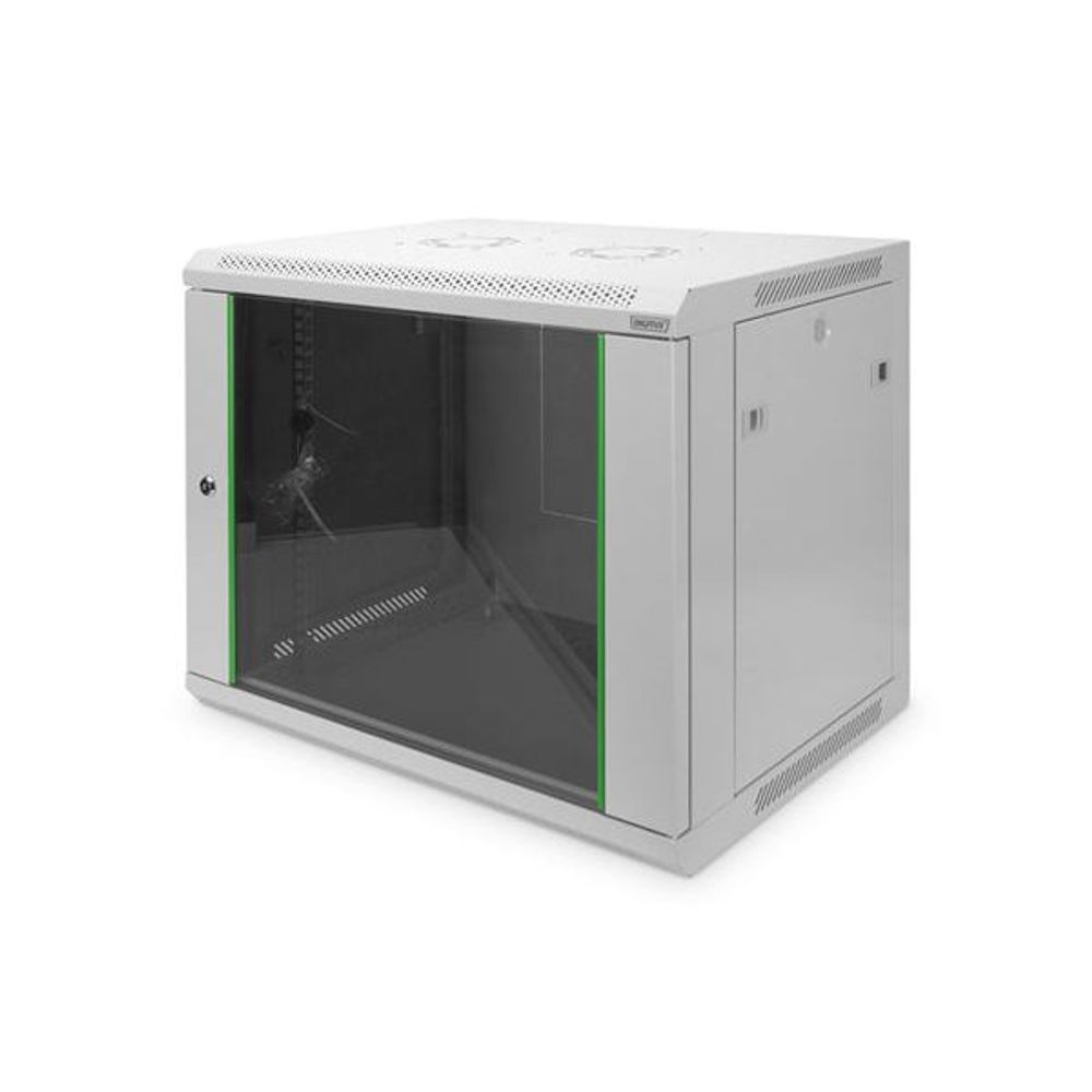 Gray 12U 19-inch wall-mount server cabinet with glass front door