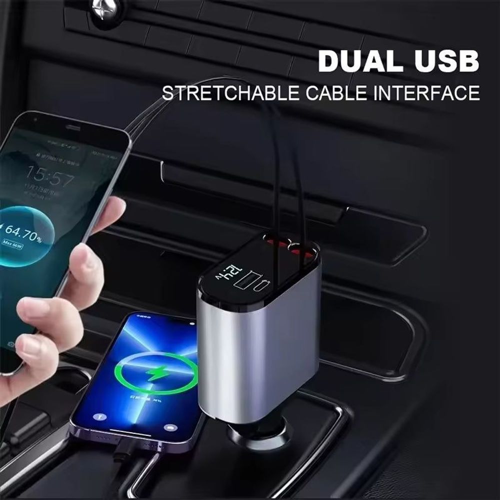 120W 4-in-1 Retractable Car Charger with USB Type-C Fast Charging for iPhone, Xiaomi, Huawei, and Samsung