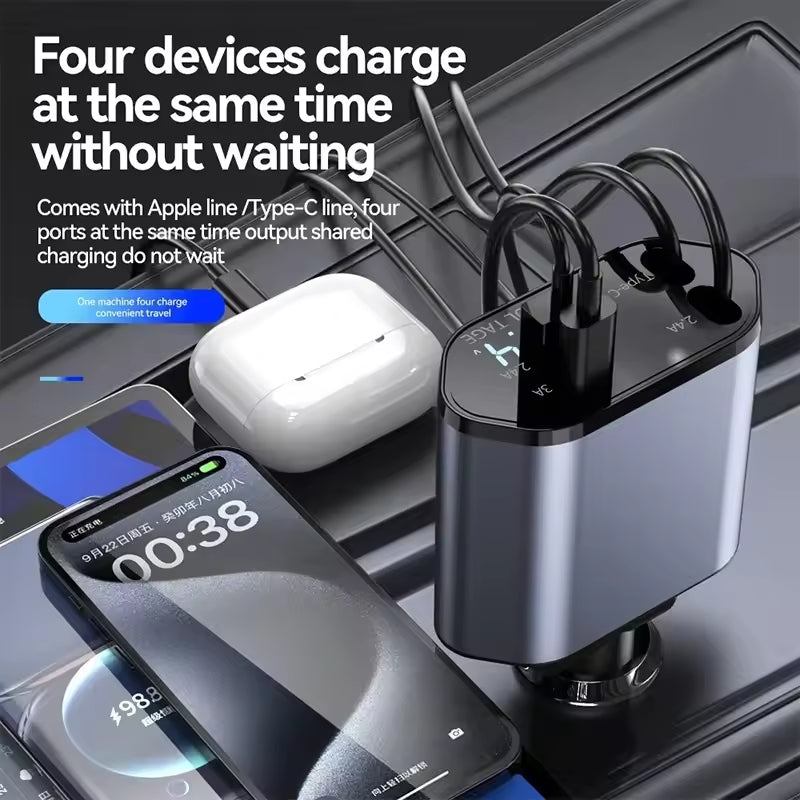 120W 4-in-1 Retractable Car Charger with USB Type-C Fast Charging for iPhone, Xiaomi, Huawei, and Samsung