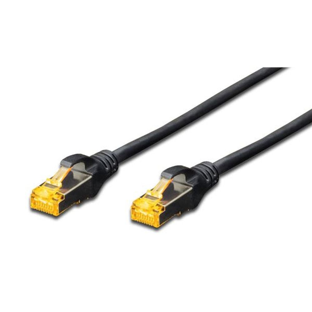 Black Cat6A S/FTP patch lead with dual RJ45 connectors, yellow boots