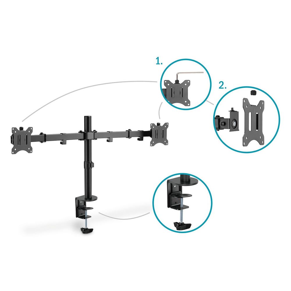 Dual-arm monitor clamp mount with VESA brackets and height-adjust arm
