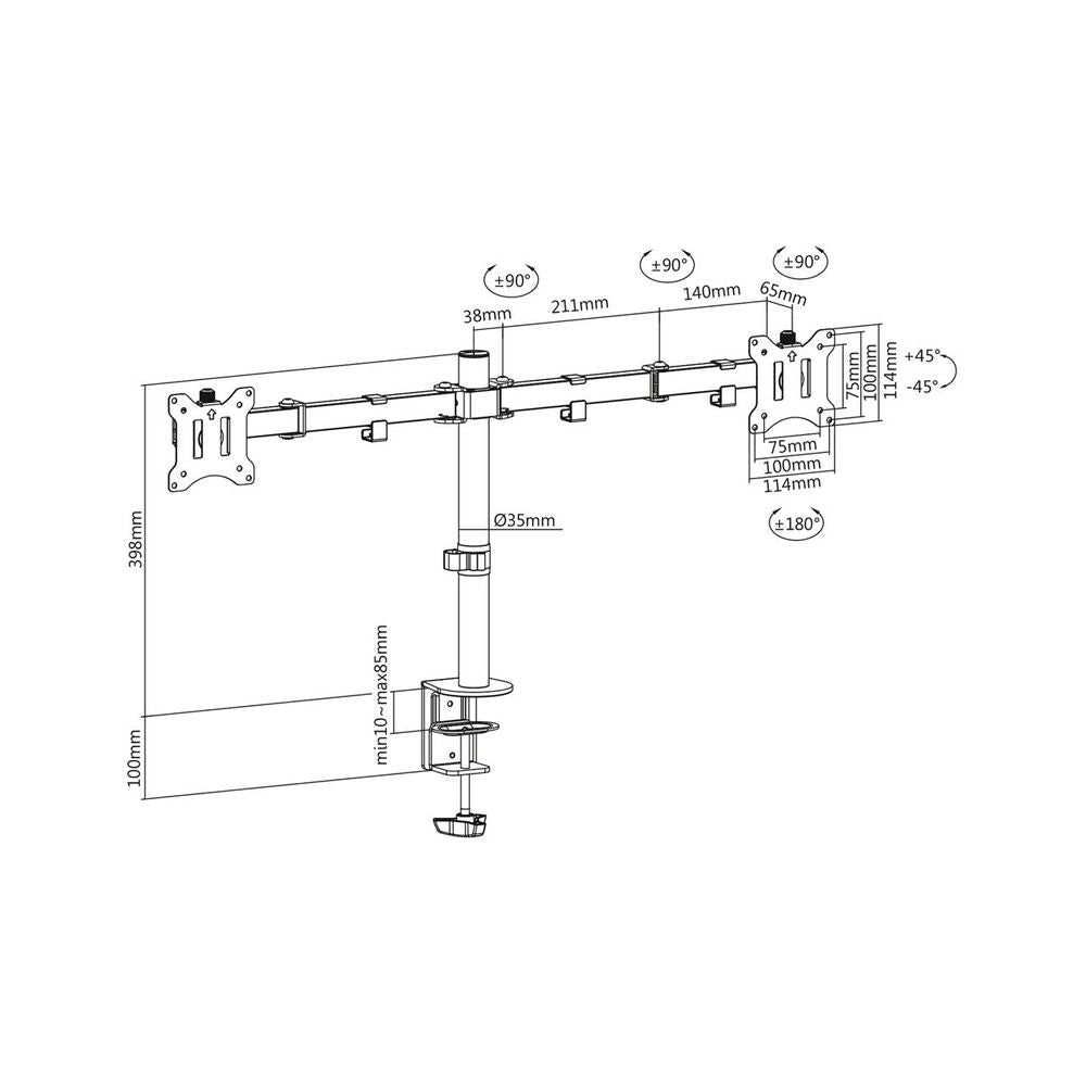 Technical diagram of dual-arm monitor clamp mount with VESA and dimension details