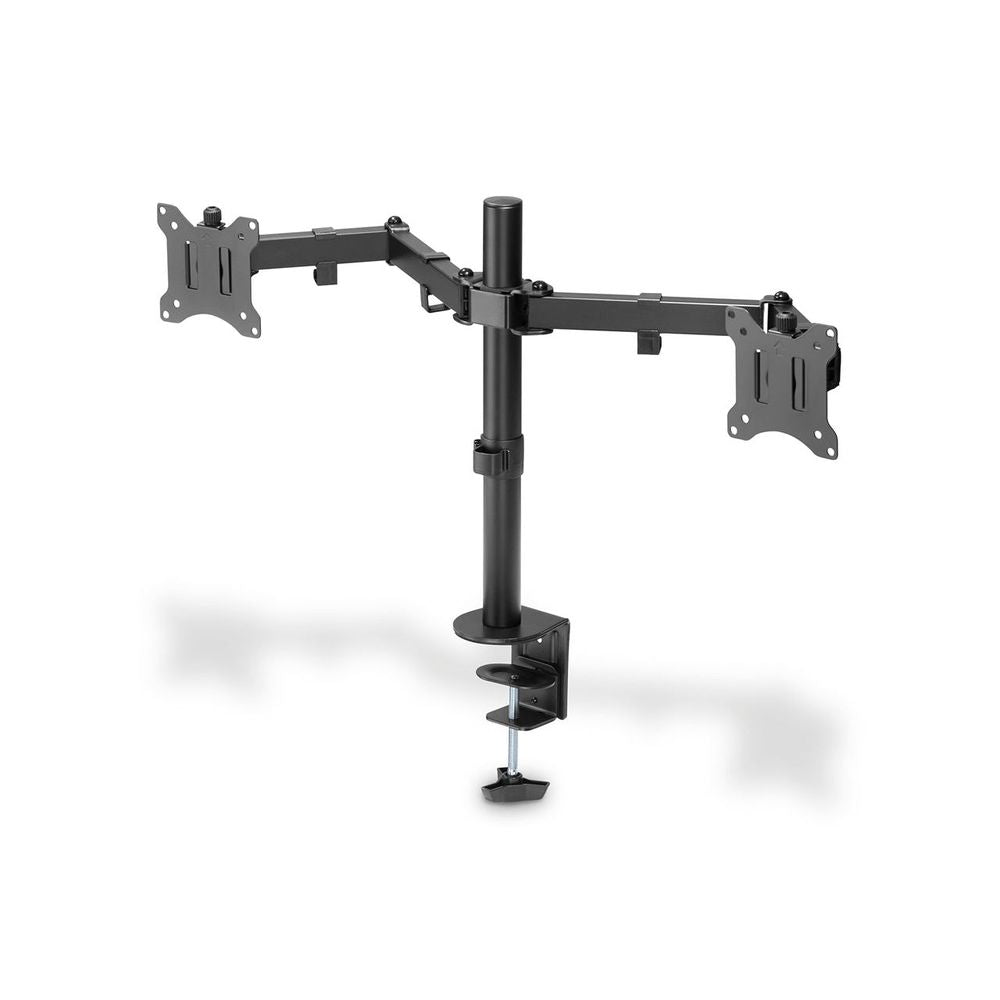 Black dual-arm monitor clamp mount with VESA brackets and adjustable arms