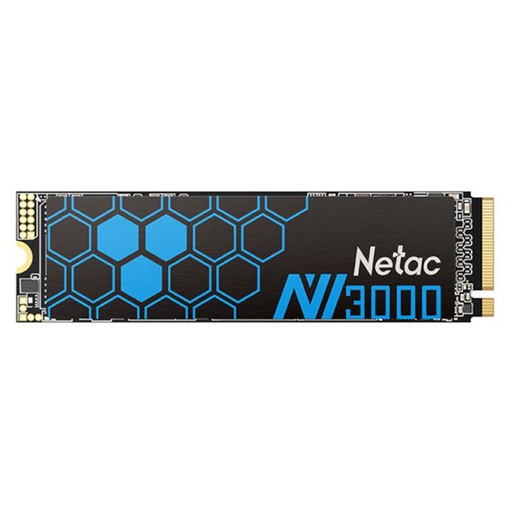 Netac NV3000 NVMe M.2 2280 SSD with blue hex-pattern PCB and gold edge connector