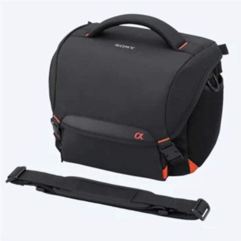 Black camera carrying case with handle and shoulder strap, Sony alpha branding