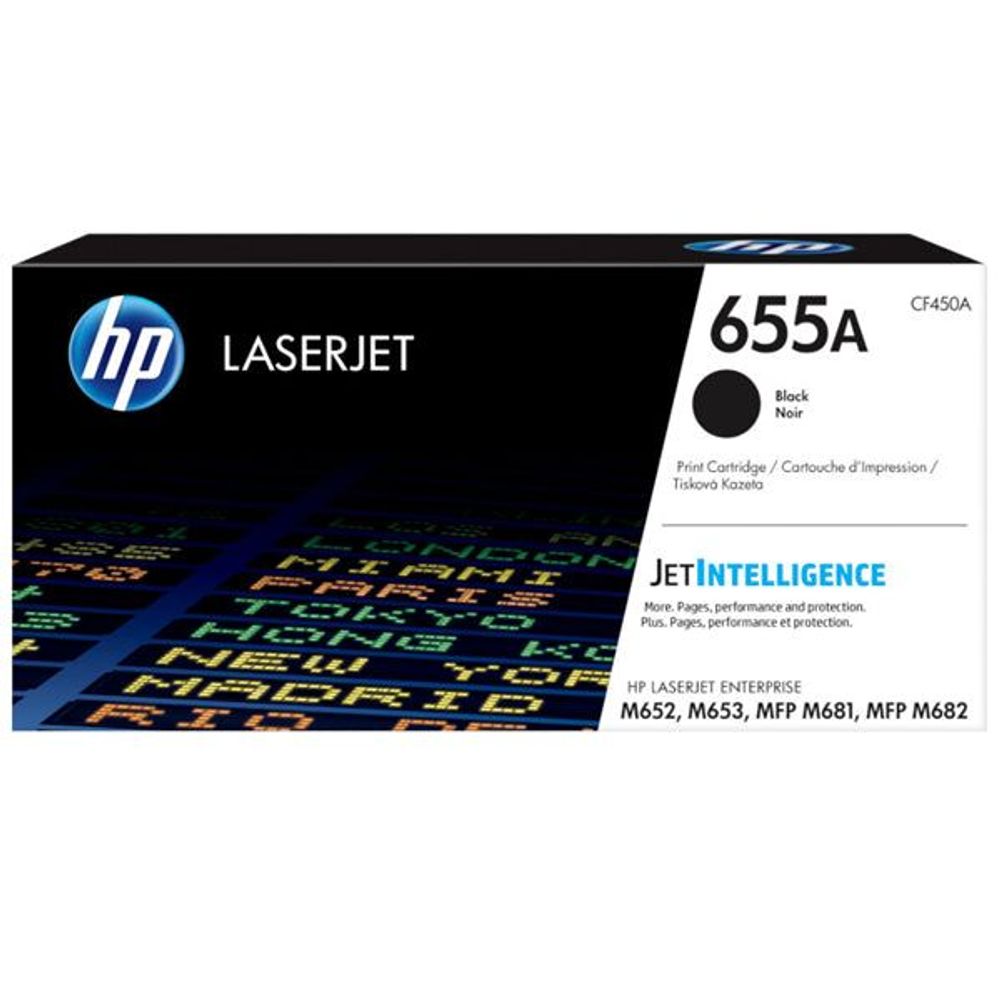 HP LaserJet 655A black original toner cartridge, CF450A in retail box
