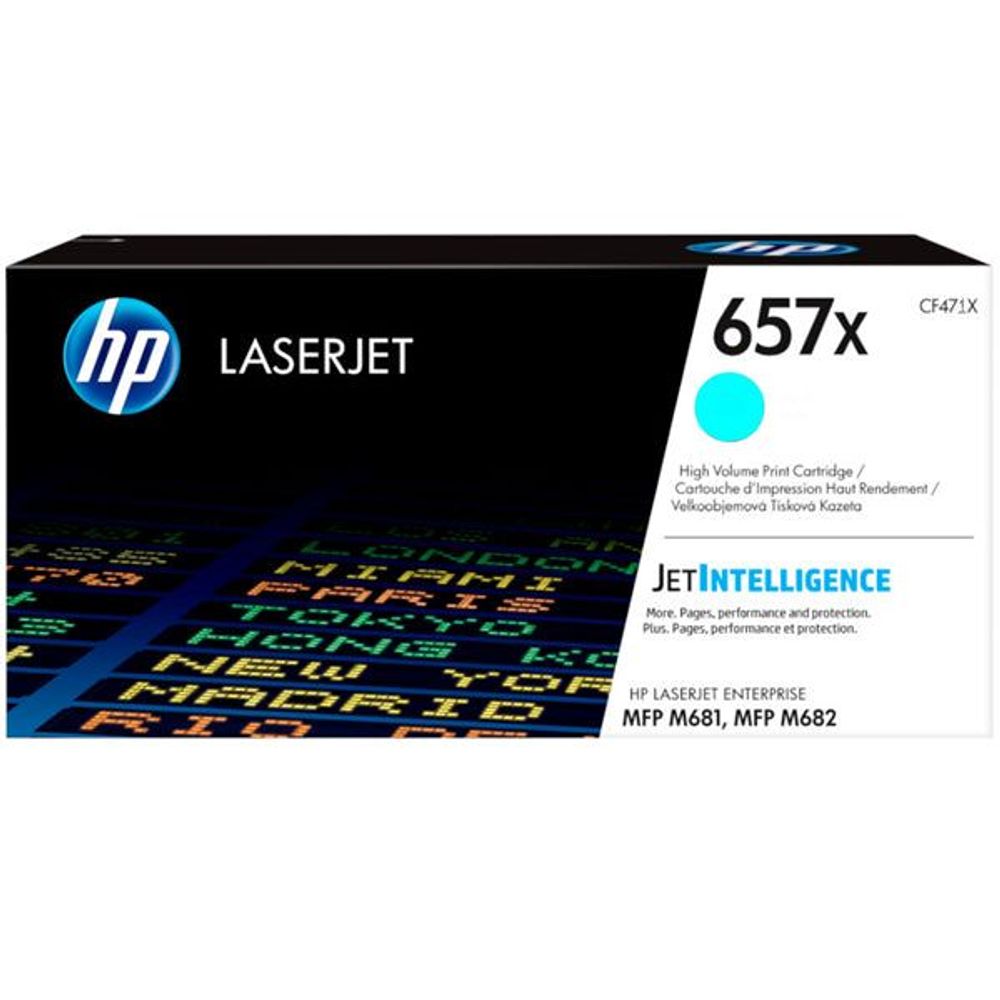 Cyan HP LaserJet high-yield toner cartridge in retail box, 657X