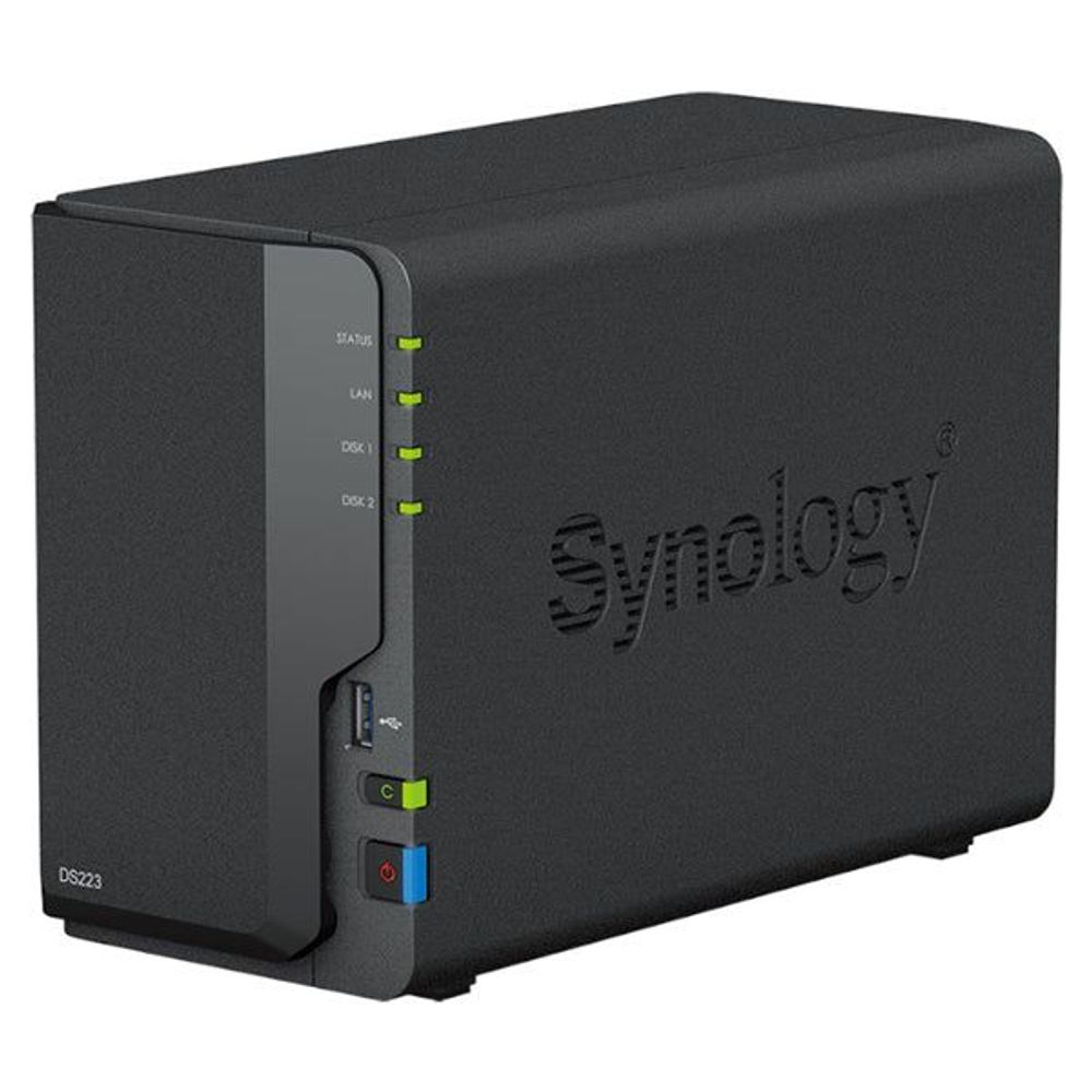 Synology DS223 2-bay NAS with front LED and blue USB port panel, black enclosure