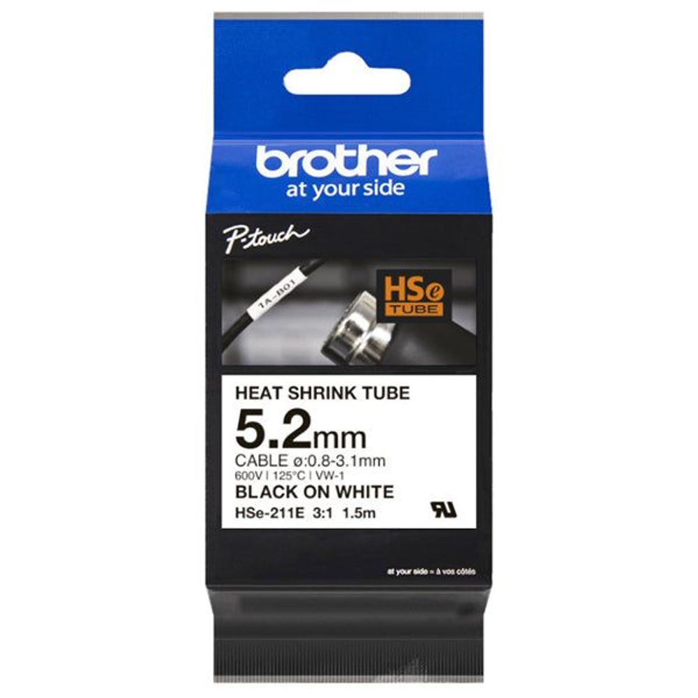 HSE211E - Brother HSe-211E 5.2mm x 1.5m Black on White Heat Shrink Tape