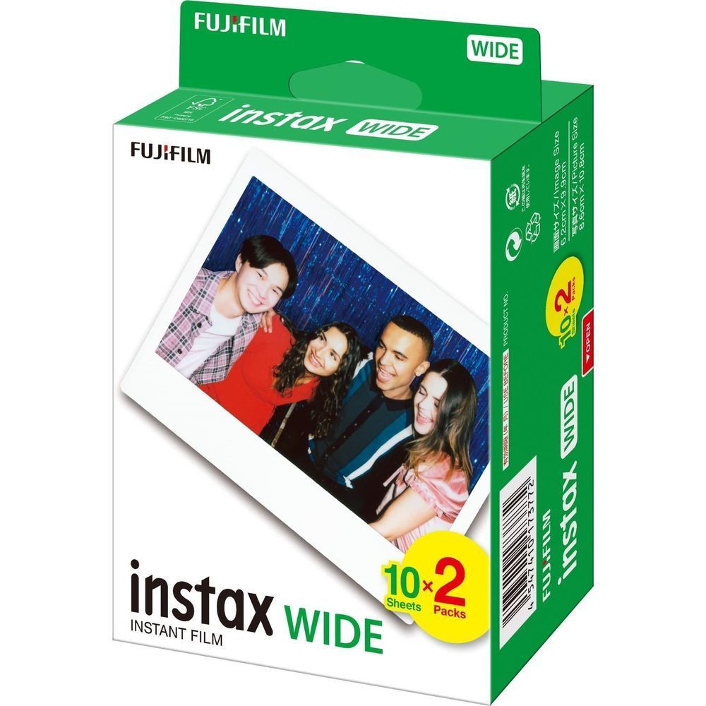 FUJIFILM instax WIDE instant film pack, green box with photo card and 10x2 label