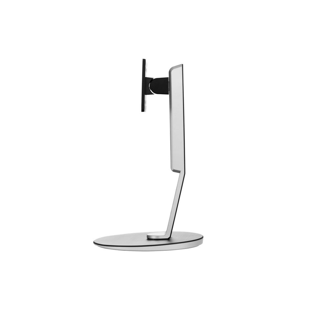 Height-adjust monitor stand, side view with VESA mount and round base, light gray