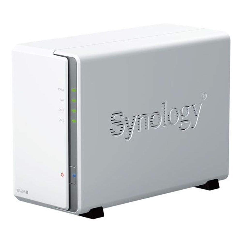 Synology DS223j 2-bay NAS enclosure, light gray, front status LEDs and ports