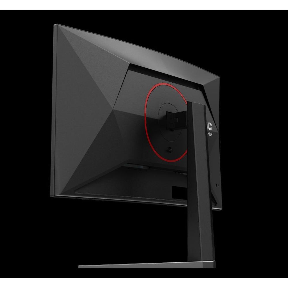 AOC curved monitor rear view with red highlighted control area and stand base