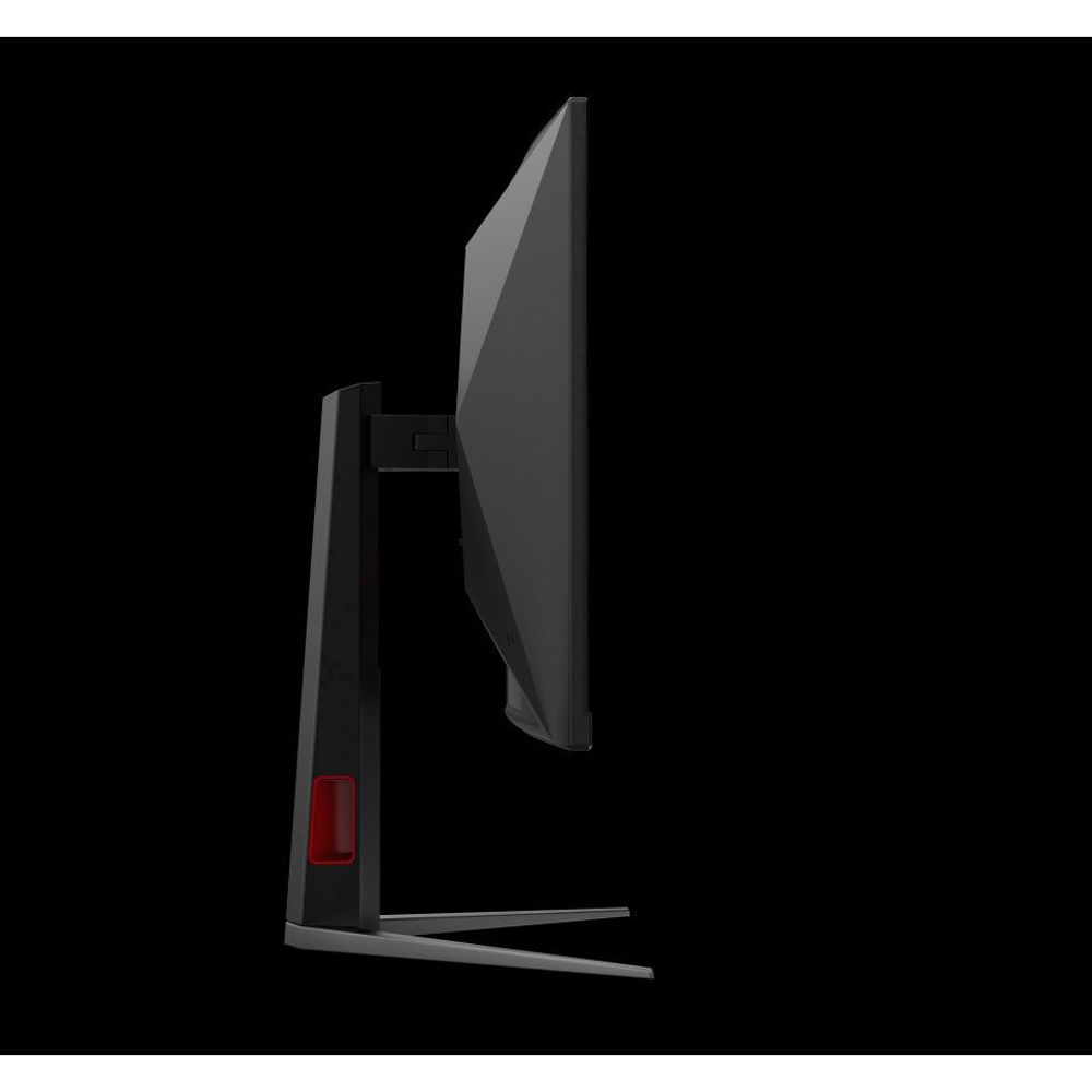 AOC curved monitor side view with ergonomic stand and red power button
