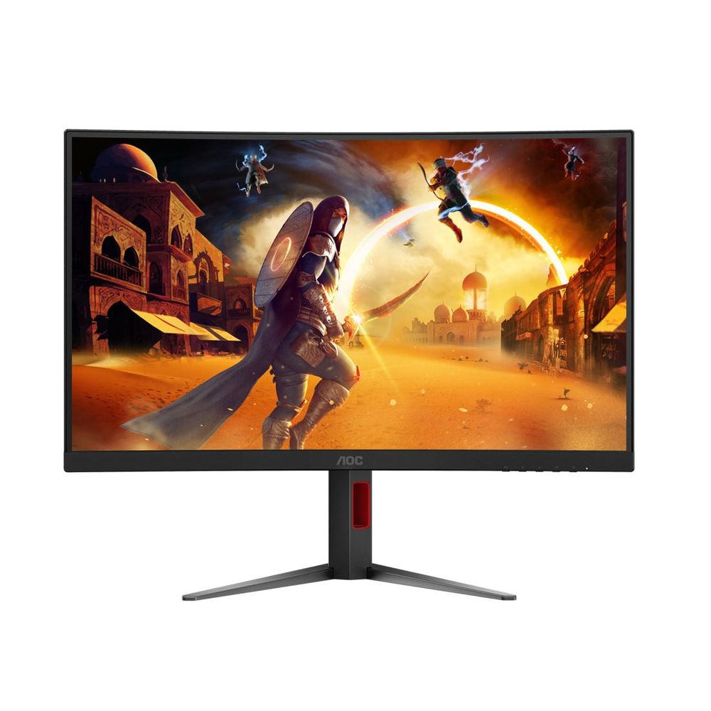 AOC curved gaming monitor with pedestal stand, showing action game on screen