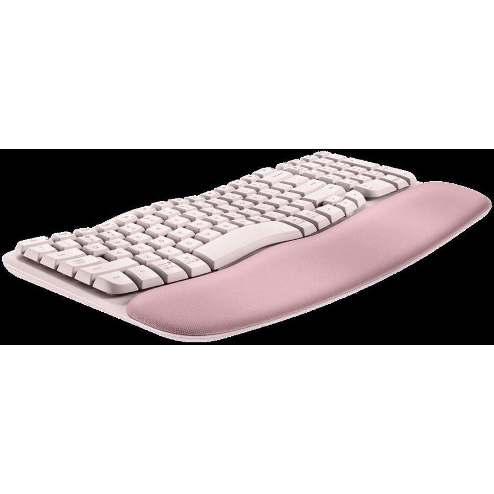 Rose wireless ergonomic keyboard with white keycaps and wide palm rest pad
