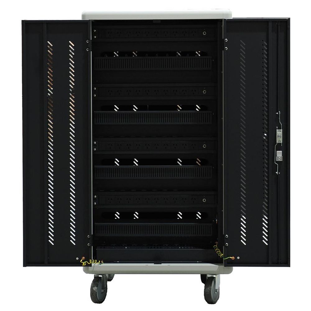 Open black charging trolley cabinet showing multiple device charging trays