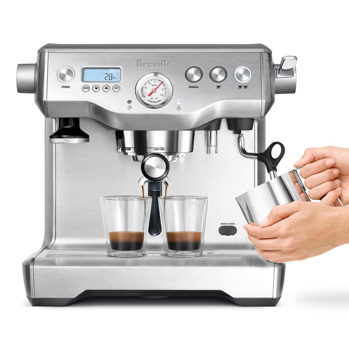 Stainless steel Breville Dual Boiler espresso machine with portafilter and cups