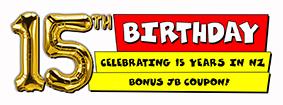 Birthday coupon banner reading 15th with terms and code