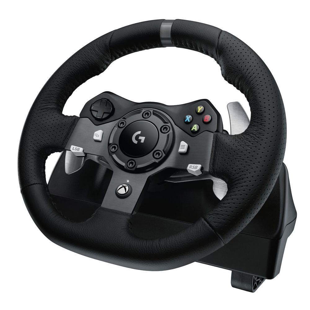 Black racing wheel with textured grip rim and central control panel with buttons