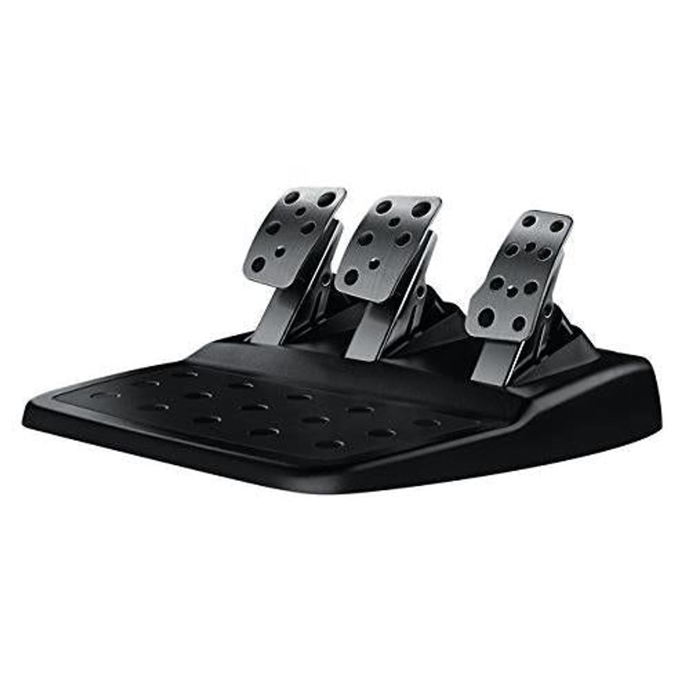 Black racing pedal base with three metal footplates featuring circular grip holes