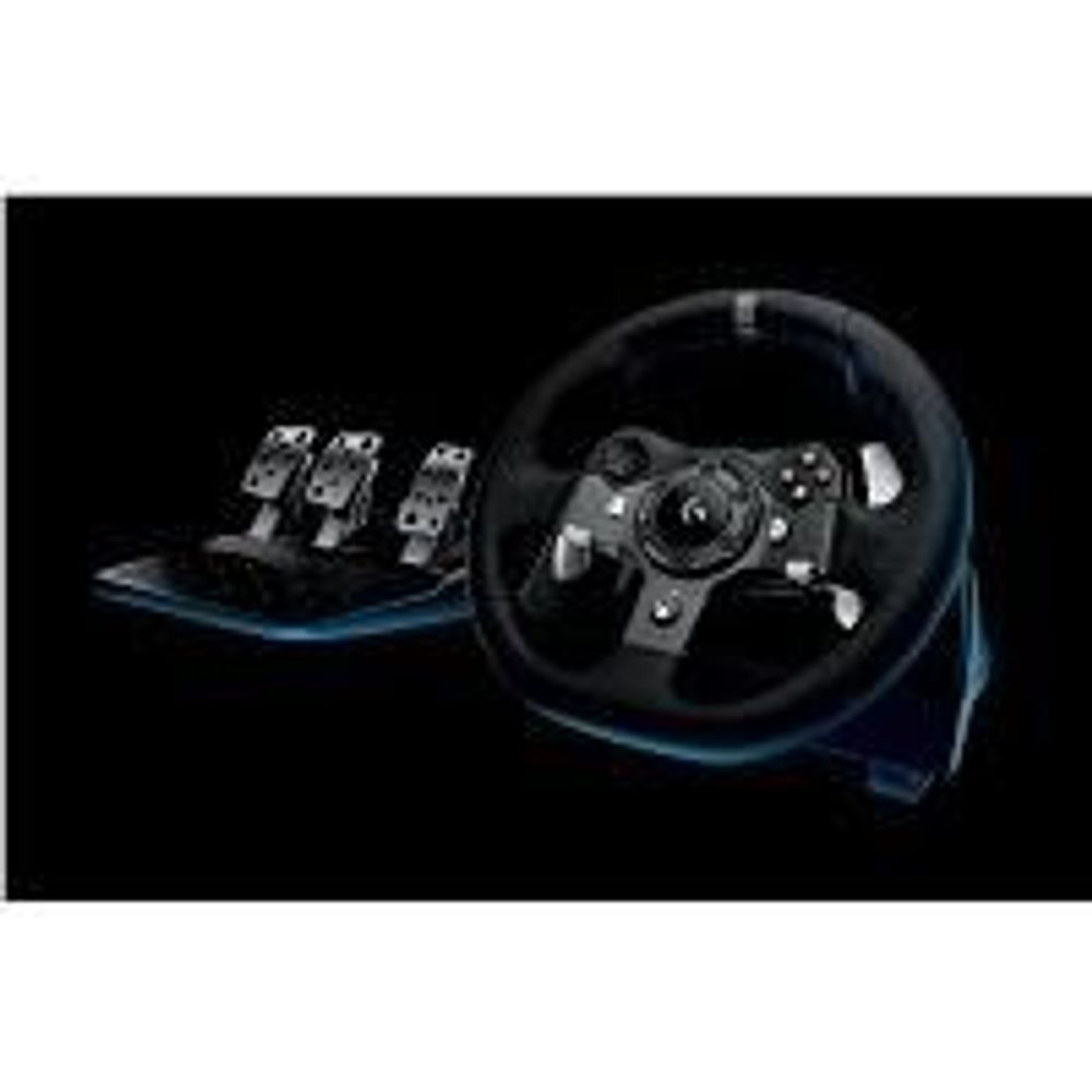 Racing wheel and pedals set in black with textured hand grips and metal pedal plates